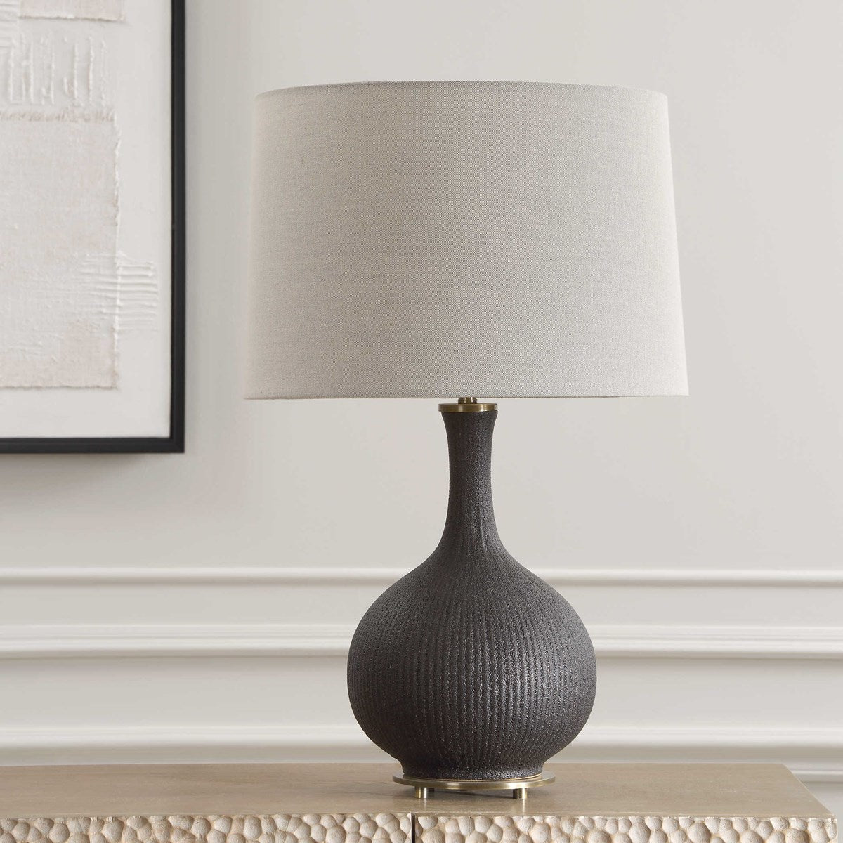 Uttermost Rimini Matte Black Ceramic Lamp With Gray Linen Shade - Image 1