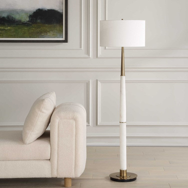 Uttermost Faro White Marble and Antique Brass Floor Lamp With Linen Shade - Image 1