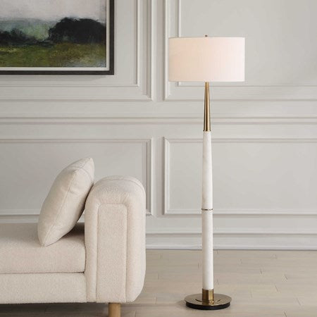Uttermost Faro White Marble and Antique Brass Floor Lamp With Linen Shade - Image 3