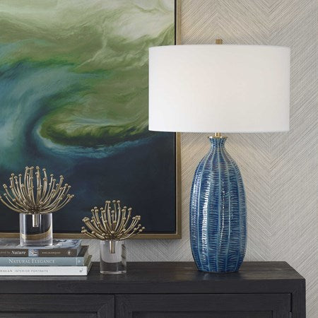 Uttermost Bixby Blue Glazed Textured Ceramic Table Lamp With White Linen Shade - Image 1