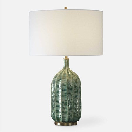Uttermost Bixby Green Glazed Ceramic Table Lamp With White Linen Drum Shade - Image 2