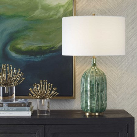 Uttermost Bixby Green Glazed Ceramic Table Lamp With White Linen Drum Shade - Image 1