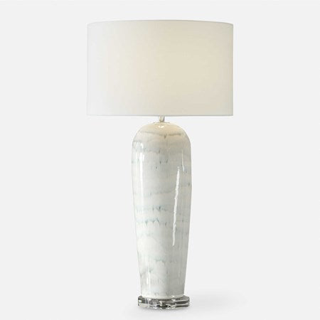 Uttermost Arden White and Smoky Blue Glazed Ceramic Table Lamp With Linen Shade - Image 2
