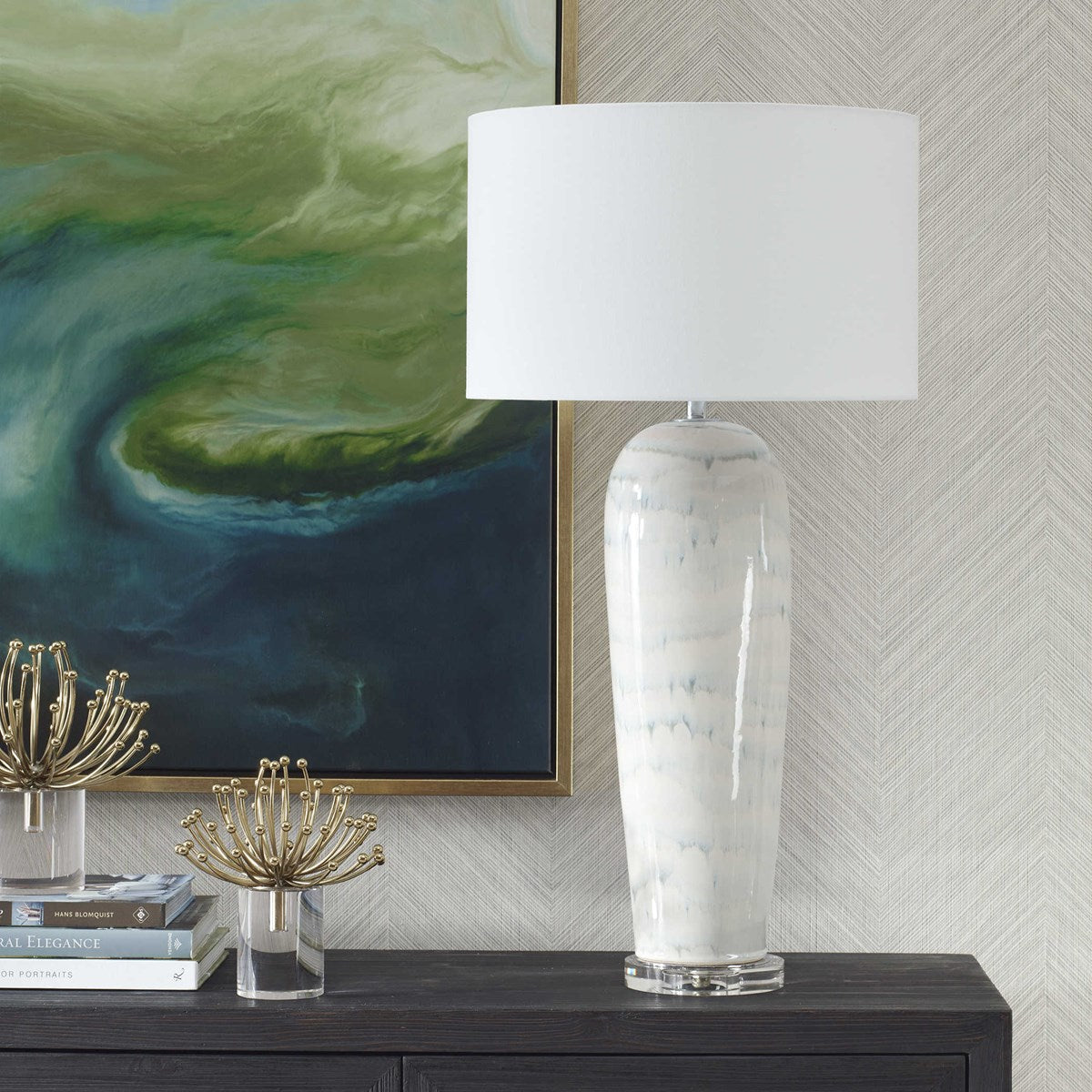 Uttermost Arden White and Smoky Blue Glazed Ceramic Table Lamp With Linen Shade - Image 1