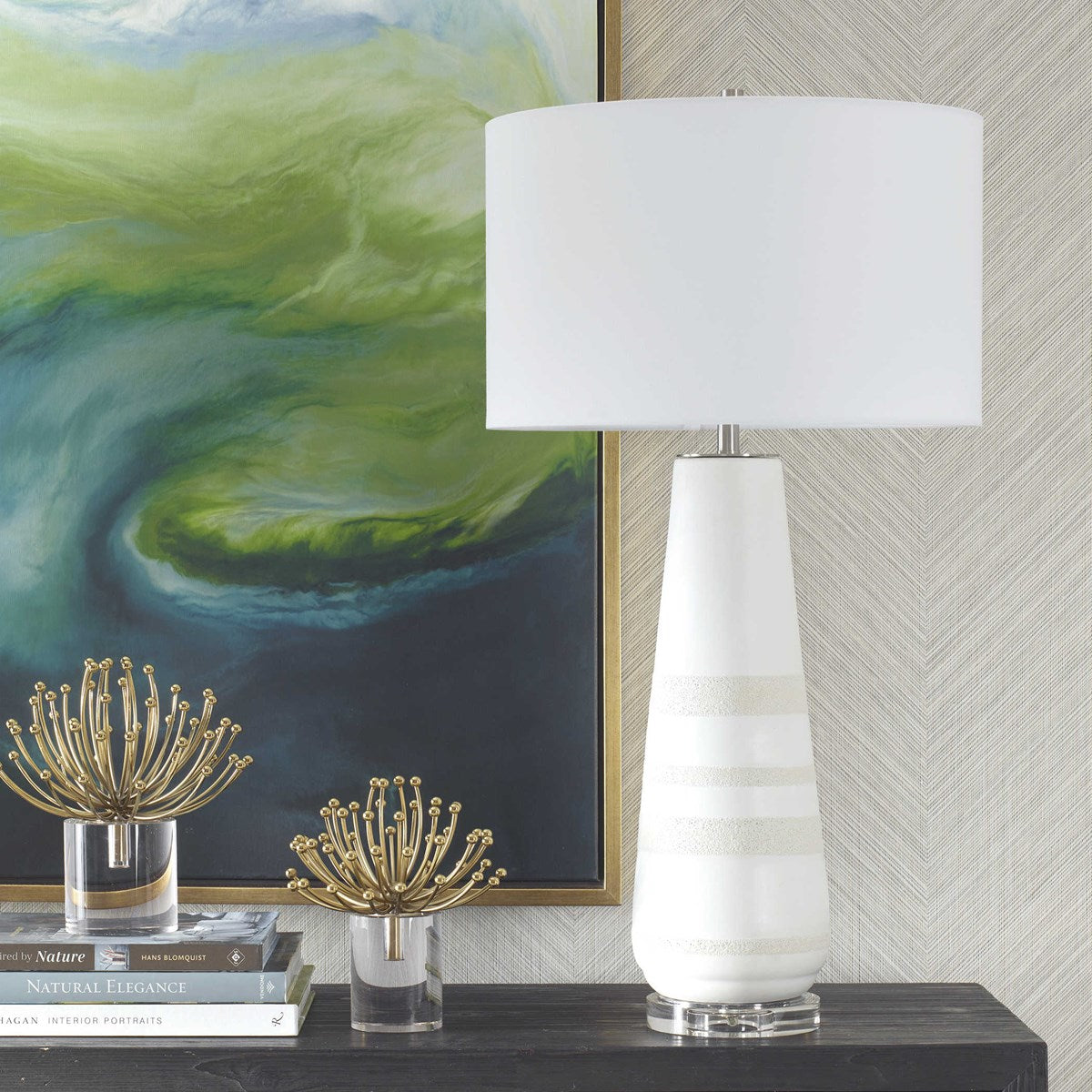 Uttermost Santino Crackled Ivory Ceramic Table Lamp With White Linen Shade - Image 1
