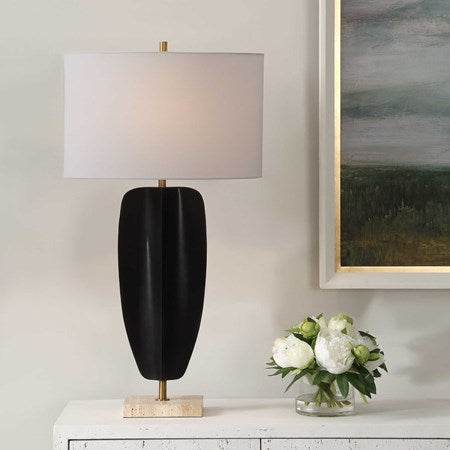 Uttermost Kure Matte Black Iron Table Lamp With White Linen Shade - Image 3