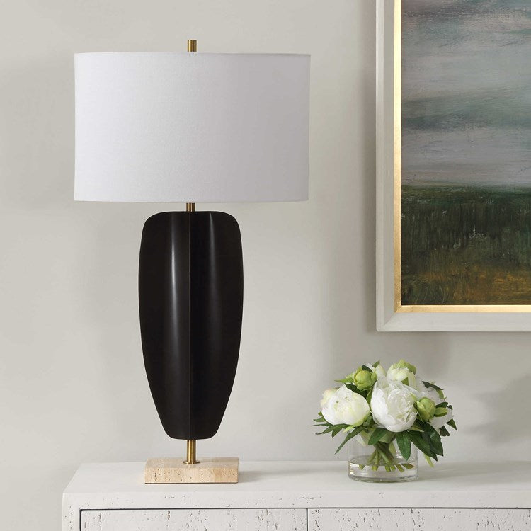 Uttermost Kure Matte Black Iron Table Lamp With White Linen Shade - Image 1
