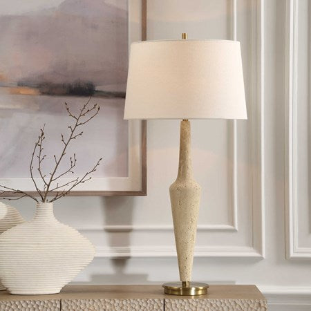 Uttermost Juliet Travertine Table Lamp With White Linen Shade - Image 1