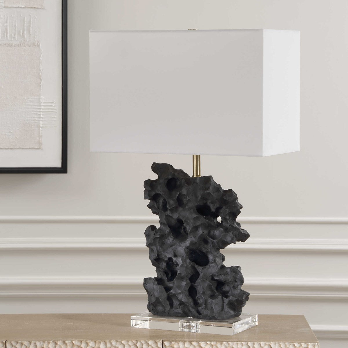 Uttermost Basalt Black Stone Rock Sculpture Table Lamp With White Linen Shade - Image 1
