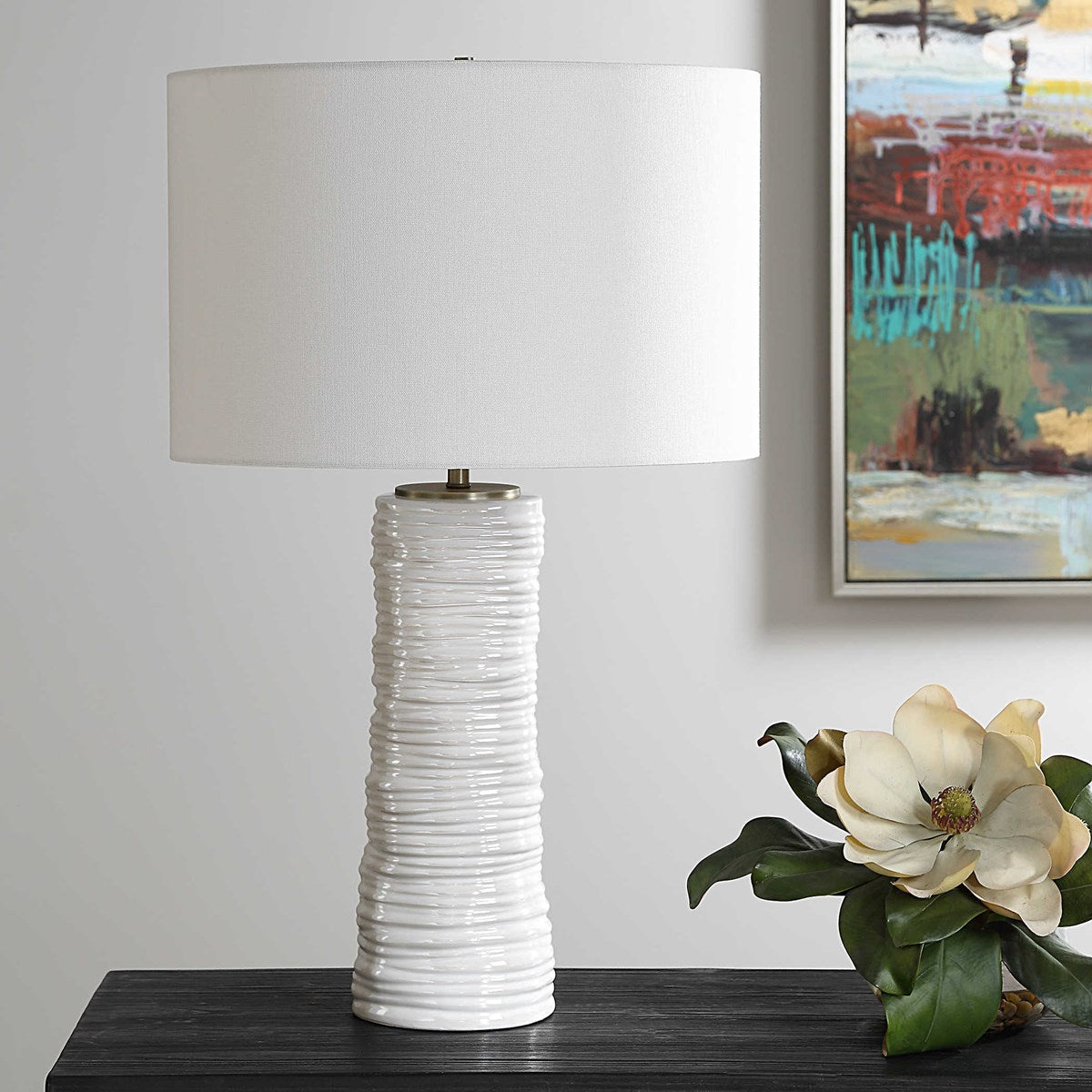 Uttermost Pavlova Gloss White Glazed Porcelain Table Lamp With Linen Shade - Image 1