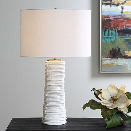 Uttermost Pavlova Gloss White Glazed Porcelain Table Lamp With Linen Shade - Image 3