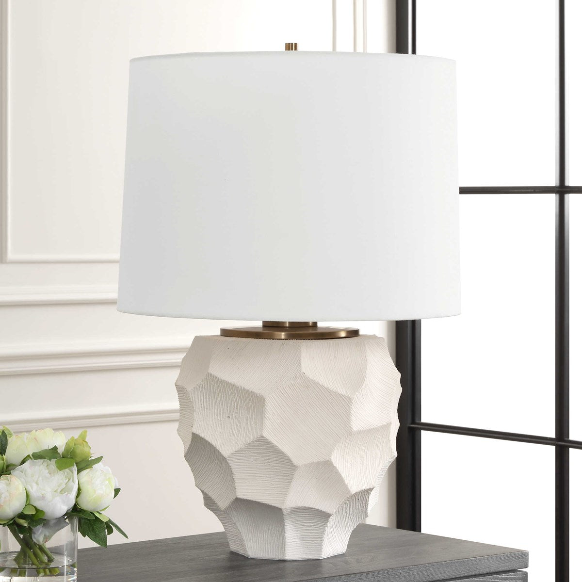 Uttermost On Edge Chalk White Glazed Textured Ceramic Table Lamp With White Linen Shade - Image 2