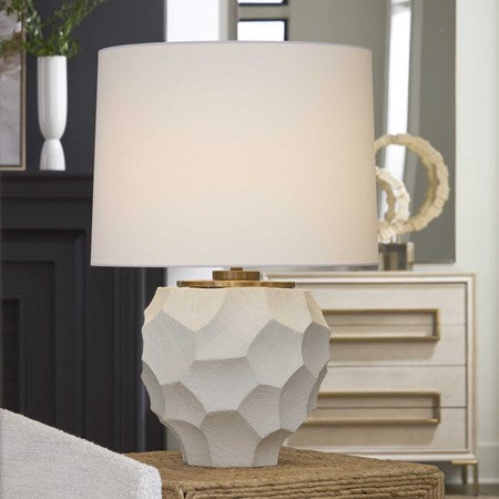 Uttermost On Edge Chalk White Glazed Textured Ceramic Table Lamp With White Linen Shade - Image 1