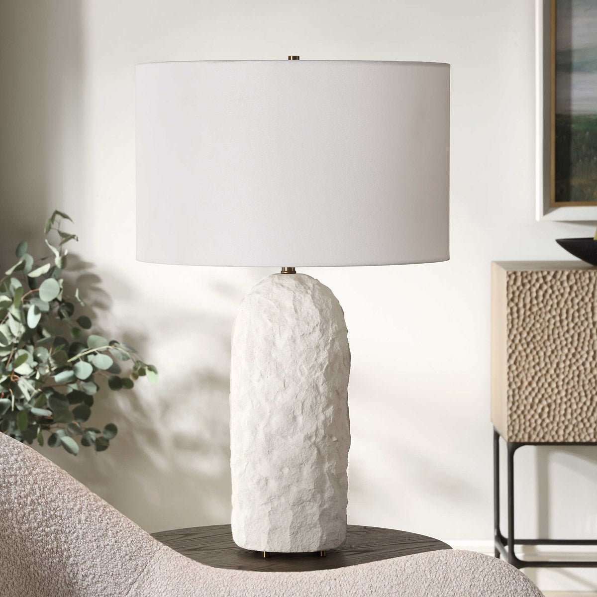 Uttermost Vieste White Sandstone Table Lamp With Linen Shade - Image 1