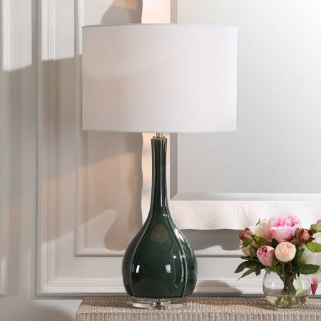Uttermost Essex Hunter Green Crackled Glaze Ceramic Table Lamp With White Linen Shade - Image 1