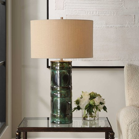 Uttermost Loch Peacock Green and Slate Glazed Ceramic Table Lamp With Beige Linen Shade - Image 3