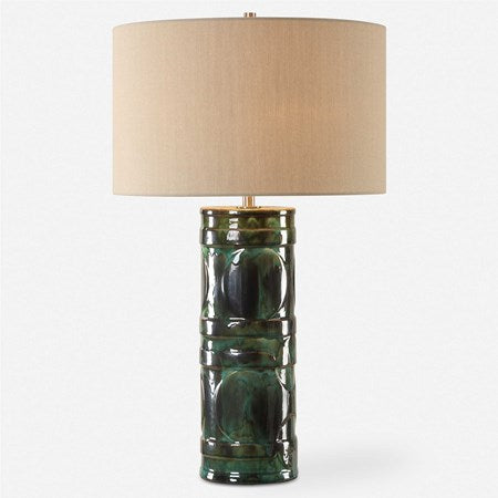 Uttermost Loch Peacock Green and Slate Glazed Ceramic Table Lamp With Beige Linen Shade - Image 2