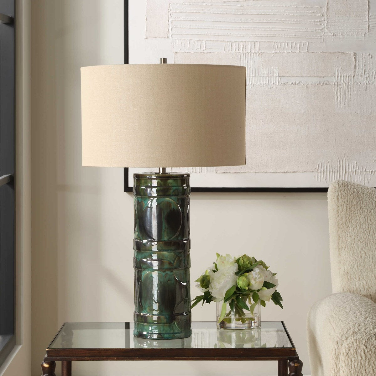 Uttermost Loch Peacock Green and Slate Glazed Ceramic Table Lamp With Beige Linen Shade - Image 1