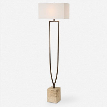 Uttermost Fork In The Road Iron and Travertine Floor Lamp With White Linen Fabric - Image 2