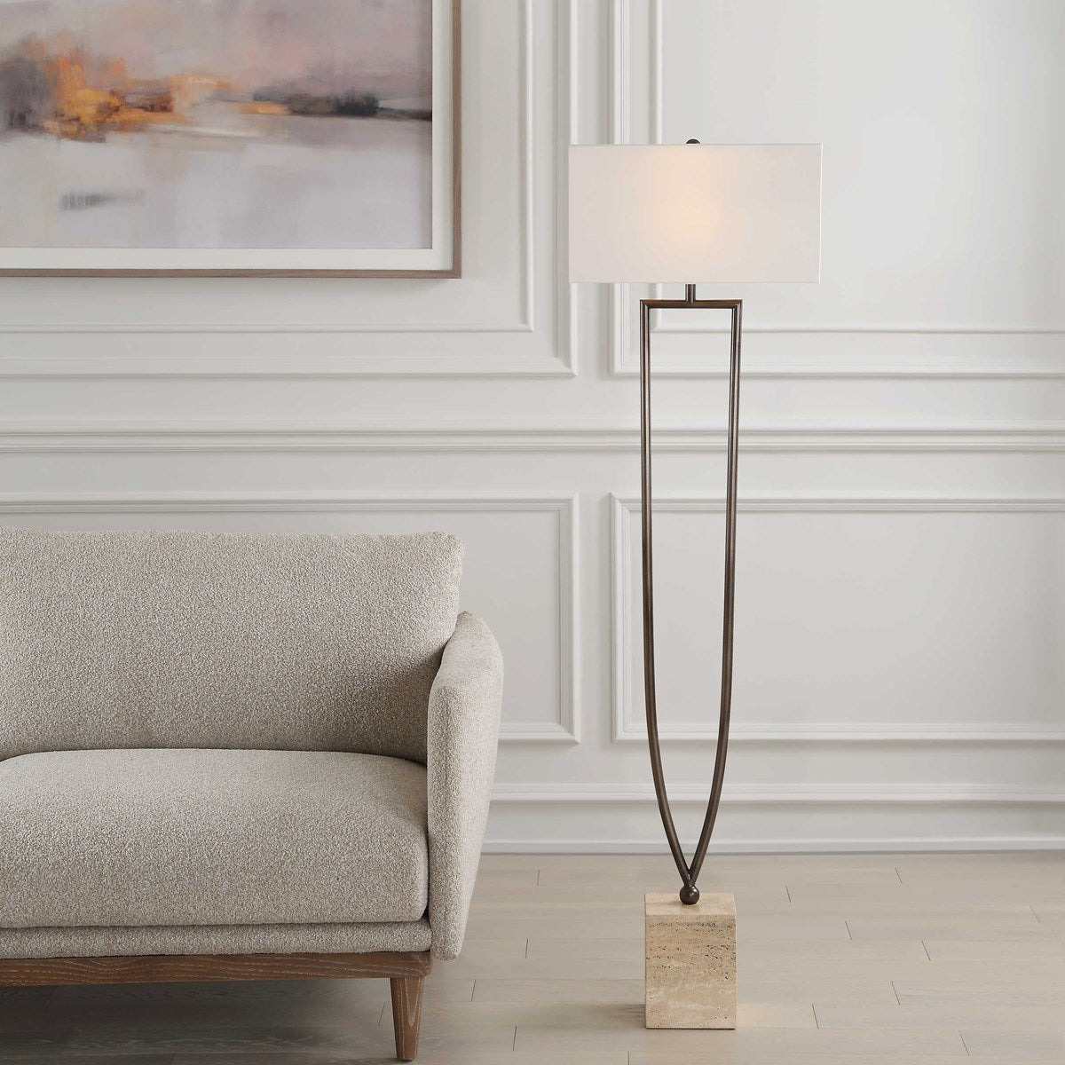 Uttermost Fork In The Road Iron and Travertine Floor Lamp With White Linen Fabric - Image 1