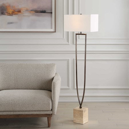 Uttermost Fork In The Road Iron and Travertine Floor Lamp With White Linen Fabric - Image 3