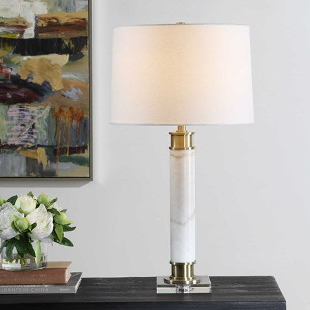 Uttermost Plinth White Marble Table Lamp With Linen Shade - Image 1