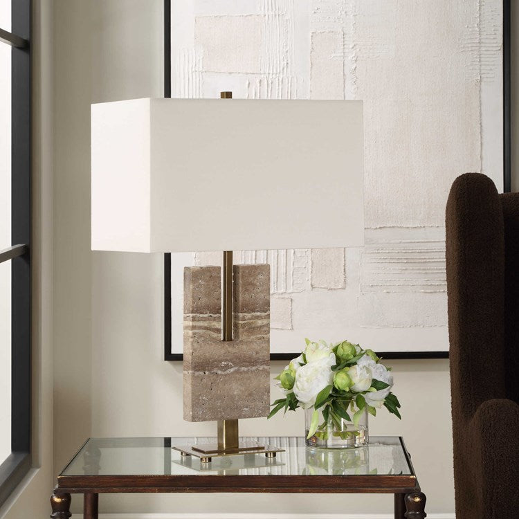 Uttermost Turning Point Travertine Table Lamp With White Linen Shade - Image 1