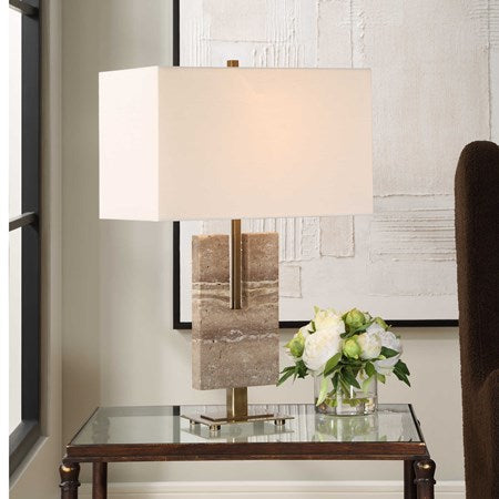 Uttermost Turning Point Travertine Table Lamp With White Linen Shade - Image 3