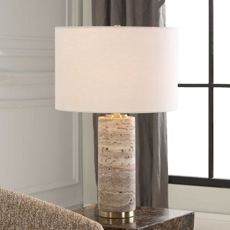 Uttermost Cortado Travertine Table Lamp With White Linen Shade - Image 1