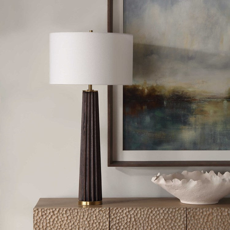Uttermost Forage Dark Stained Oak Wood Table Lamp With White Linen Shade - Image 2