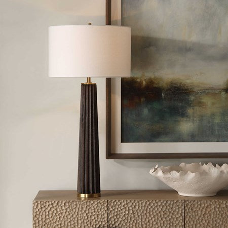 Uttermost Forage Dark Stained Oak Wood Table Lamp With White Linen Shade - Image 1