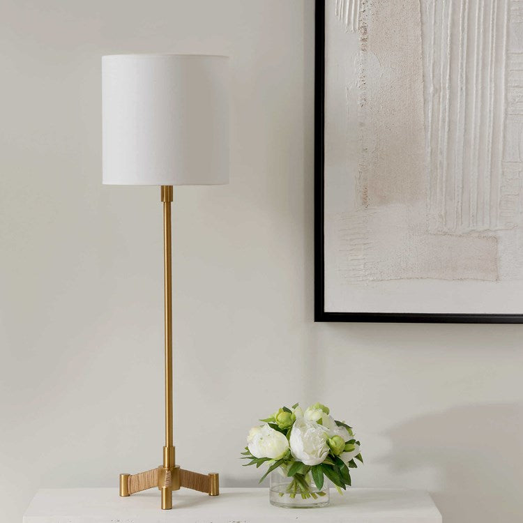 Uttermost Lautoka Brass Buffet Lamp With White Linen Shade - Image 3