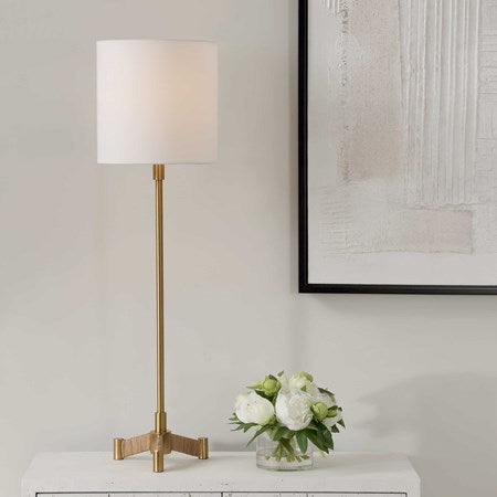 Uttermost Lautoka Brass Buffet Lamp With White Linen Shade - Image 1