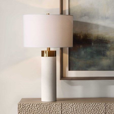 Uttermost Wessex White Faux Shagreen and Brushed Brass Table Lamp With Linen Shade - Image 1
