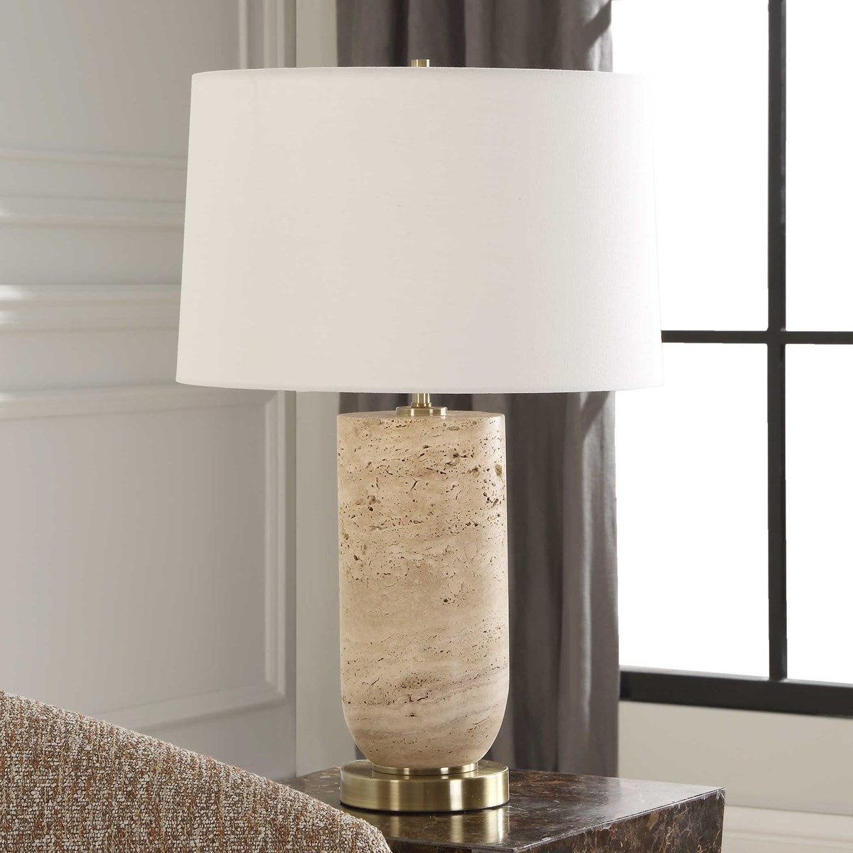 Uttermost Aubrey Travertine Table Lamp With White Linen Shade - Image 1