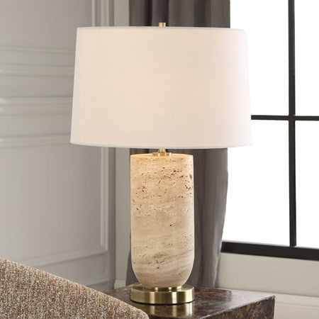 Uttermost Aubrey Travertine Table Lamp With White Linen Shade - Image 3