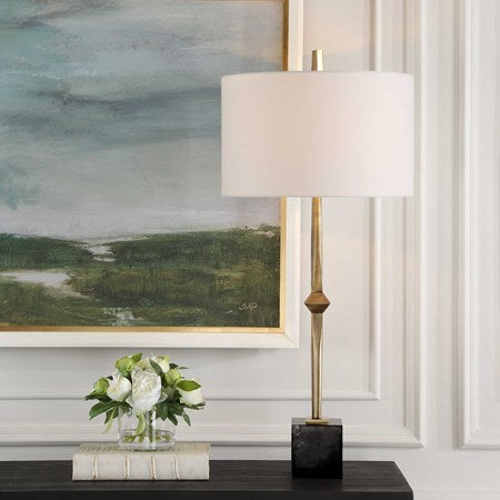 Uttermost Suranne Antiqued Brass and Black Marble Table Lamp With White Linen Shade - Image 1
