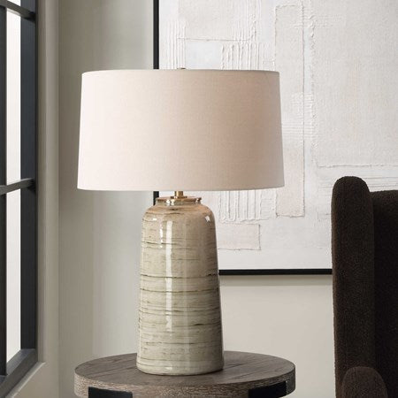 Uttermost Strata Tan Glazed Ceramic Table Lamp With White Linen Shade - Image 1