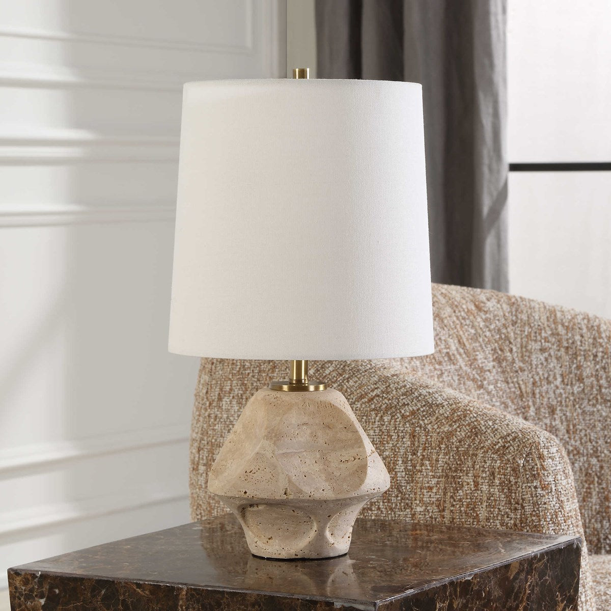 Uttermost Indent Travertine Accent Lamp With White Linen Shade - Image 3