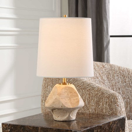 Uttermost Indent Travertine Accent Lamp With White Linen Shade - Image 1