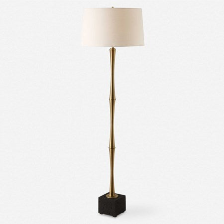 Uttermost Shino Antique Brass Iron Floor Lamp With White Linen Shade - Image 2