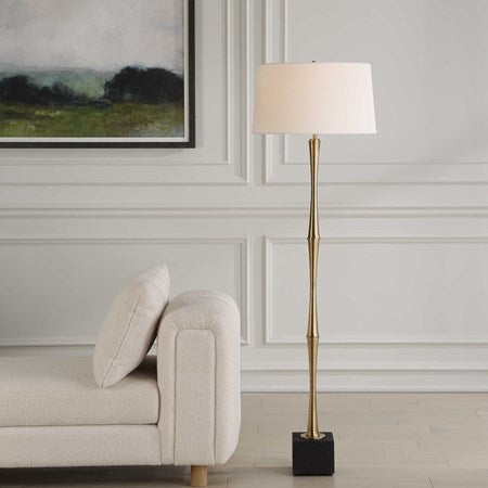 Uttermost Shino Antique Brass Iron Floor Lamp With White Linen Shade - Image 1