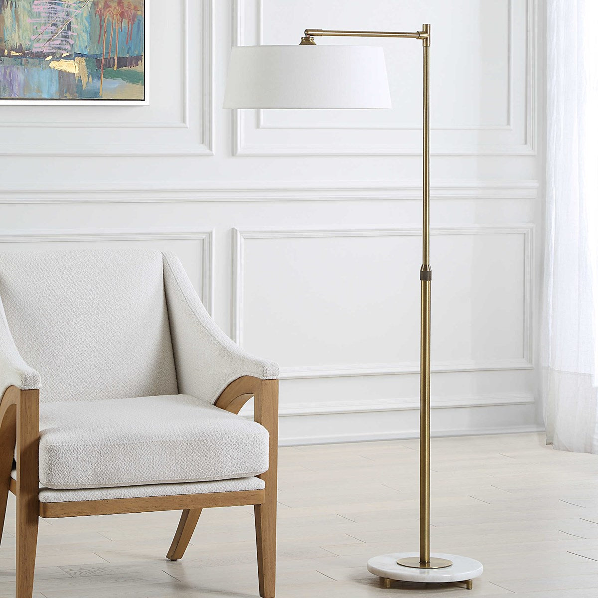 Uttermost Branch Out Antiqued Brush Brass and Marble Floor Lamp With White Linen Shade - Image 1