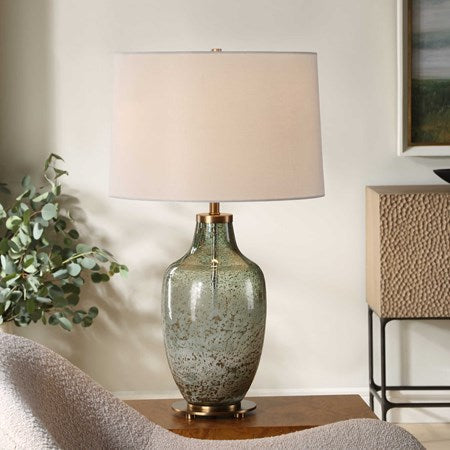 Uttermost Chianti Olive Green and Ivory Glass Table Lamp With White Linen Shade - Image 1