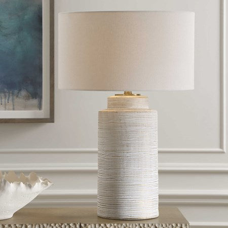 Uttermost Crimp Distressed Ivory Textured Ceramic Table Lamp With White Linen Shade - Image 1