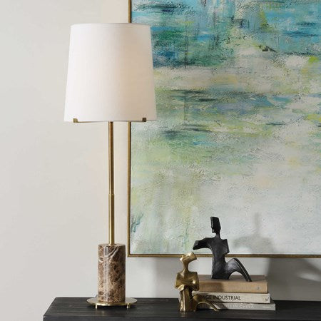 Uttermost Sepia Antiqued Brass and Brown Marble Buffet Lamp With White Linen Shade - Image 1
