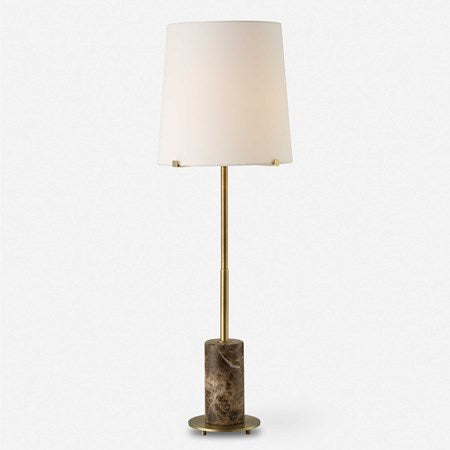 Uttermost Sepia Antiqued Brass and Brown Marble Buffet Lamp With White Linen Shade - Image 2