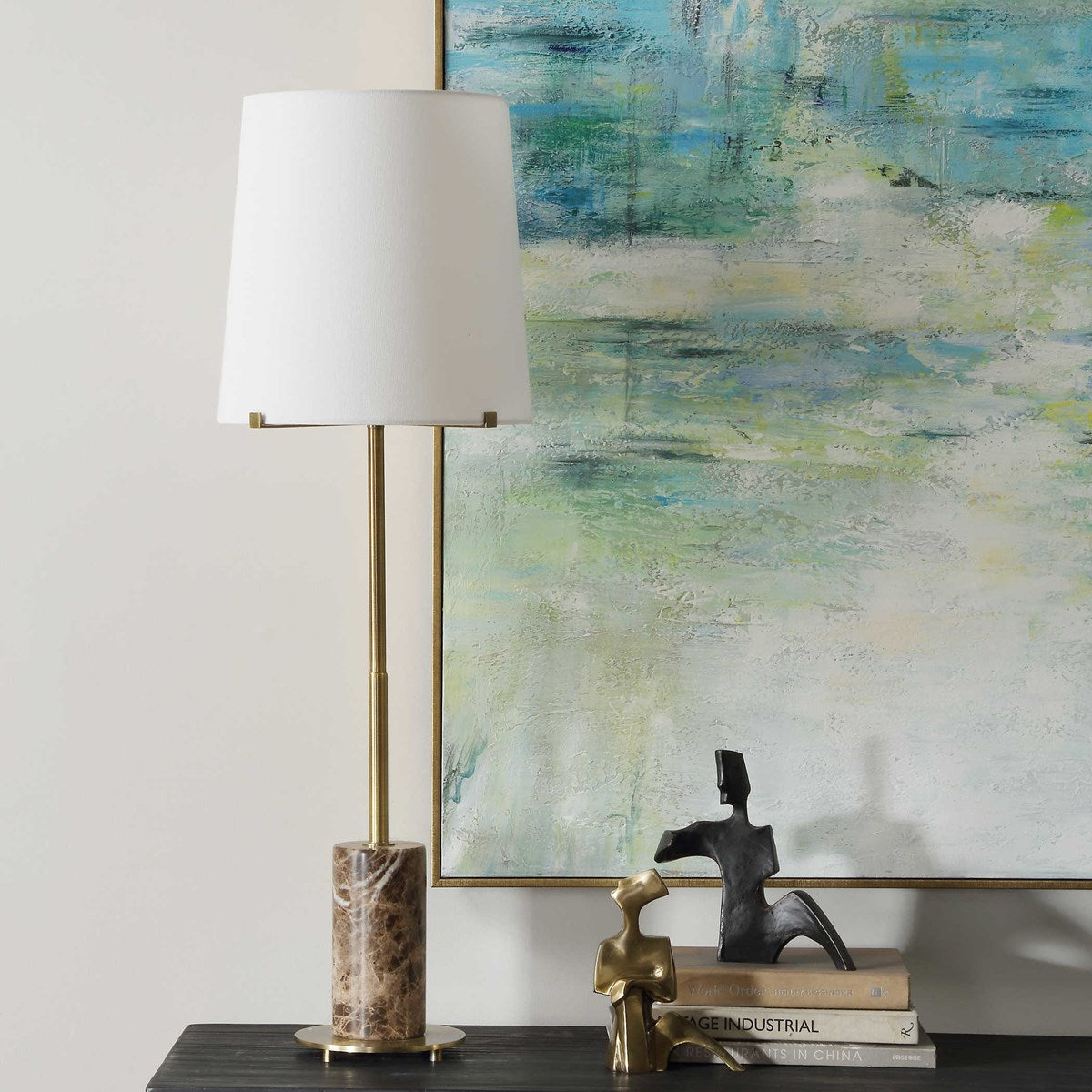 Uttermost Sepia Antiqued Brass and Brown Marble Buffet Lamp With White Linen Shade - Image 3