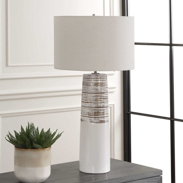 Uttermost Haven White Glazed Ceramic Table Lamp With Linen Shade - Image 1