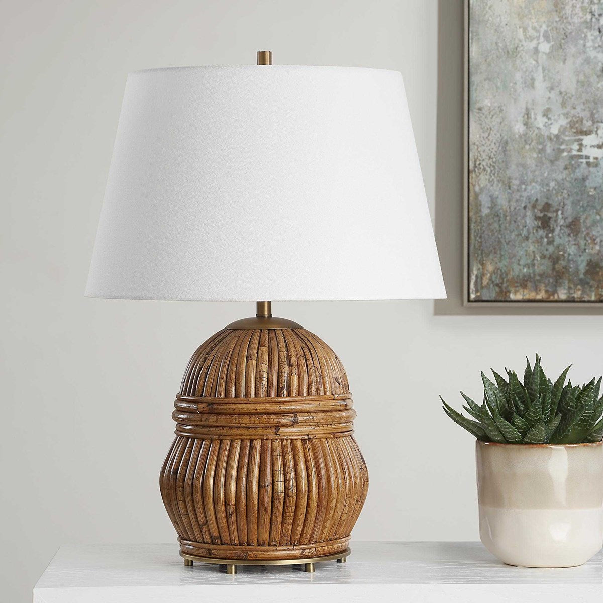 Uttermost Reed Honey Rattan Table Lamp With White Linen Shade - Image 1